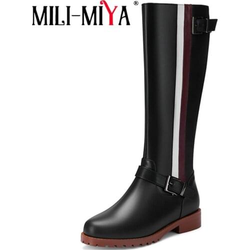 MILI-MIYA Mixed Color Women Boots Cow Leather&Pu Large Size 34-45 Zipper Round Toe Square Heels Waterproof Warm Short Plush