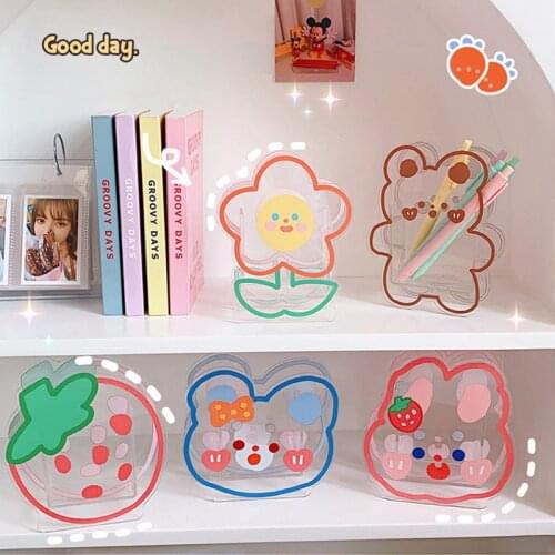 Ins Kawaii Acrylic Pen Holder Desktop Organizer Creative Cute Bear Bunny Office Stationery Cosmetics Storage Box Coaster Clips