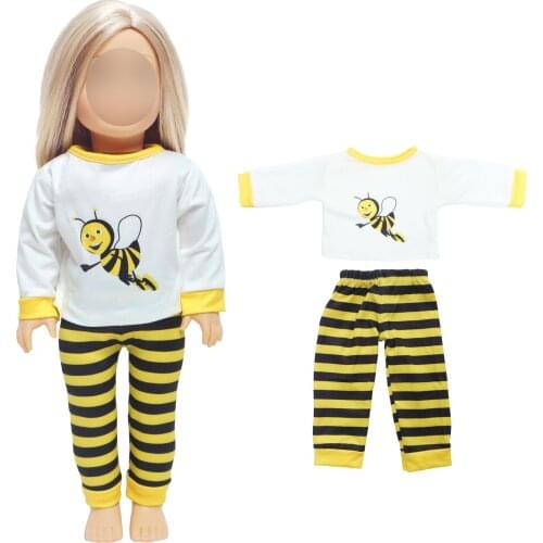 Fashion Yellow Doll Outfit Bee Pattern Shirt Trousers Stripe Casual Clothes for American 18 Inch Doll Girl Accessoriess DIY Toys