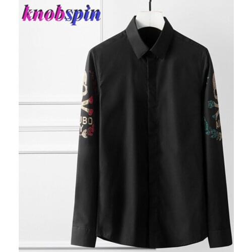 Beading Skull Head Shirt men Long sleeve Slim Casual Chemise homme Solid color Business male Dress shirts Brand quality Camisas