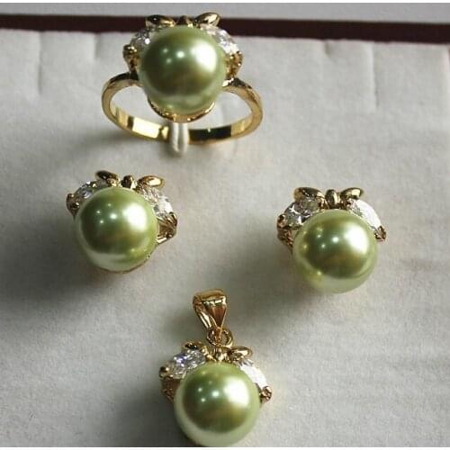 Fancy jewelry set 10mm green shell pearl,ring, pendant & stud earring