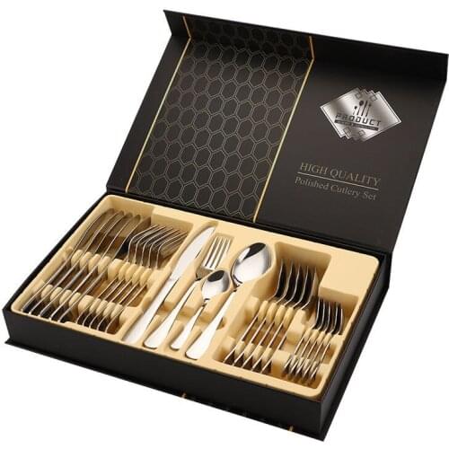 24PCS Gold Cutlery Set Kitchen Fork Spoon Knife Set Tableware Teaspoons Spoon Fork Set Stainless Steel Cutlery Gold Dinnerware