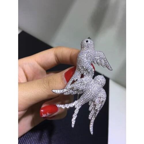 Birds double swallow brooch pins 925 sterling silver with cubic zircon pave stone fine women jewelry free shipping