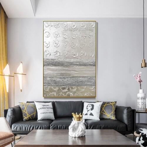 Silver Modern Abstract Oil Painting Hand painted Canvas Painting Wall art Pictures For Living Room Home Hall cuadros decoration