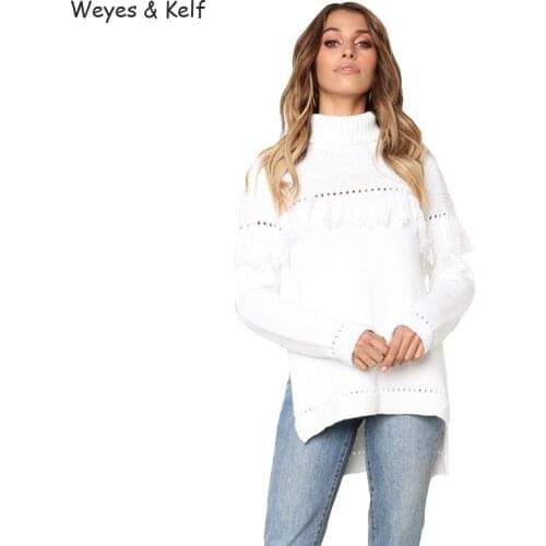 Weyes & Kelf Hollow Out Tassel Winter Turtleneck Sweater Women Crochet Jackets 2020 Autumn Split Loose Knitted Pullovers Mujer