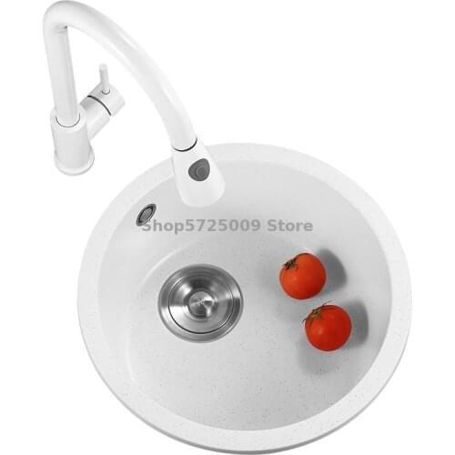 Western Kitchen Round Quartz Stone Sink Single Bowl Kitchen Sink Under Counter Basin Sink Island Bar Counter Small White