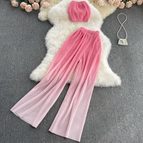 Summer 2 Piece Sets Korean Fashion Women Sets Sexy Crop Top+Pleated Wide Leg Long Pants Two Piece Sets Mujer Verano 2021