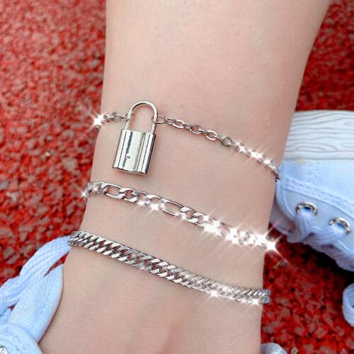 Flatfoosie Fashion Lock Shape Anklet Bracelet For Women Silver Color Stainless Steel Adjustable Anklet Jewelry Friendship Gifts