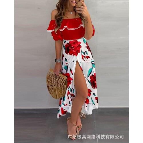 Slit Dresses for Women Party Clothes Bohemian Flower Print Ladies Clothing White Lace Long Robe Women Dress