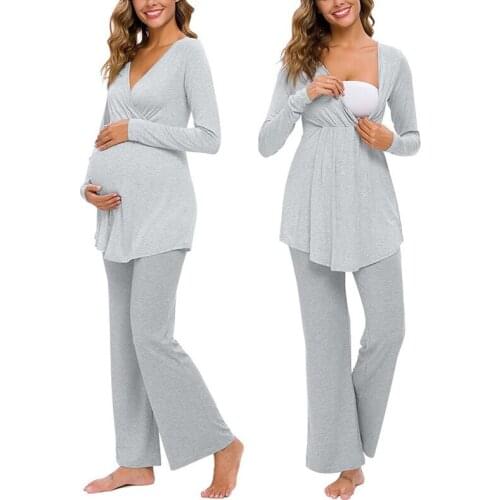 2pcs/set Sleepwear Nursing Clothes For Pregnant Women Fashion Maternity Pajamas Suits Long Sleeve T-shirt Tops+Pants Set