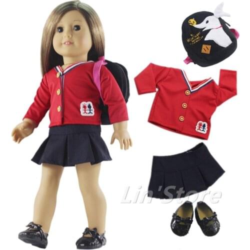 4in1 set Casual Clothing Outfit Shirt+skirt+knapsack+shoes for 18"American Doll Fashion Doll Clothes