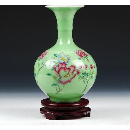 Antique Jingdezhen Celadon Peony Vase Furnishing Articles Green Glaze Peony Flower Study Decorative Ceramic Arts and Crafts