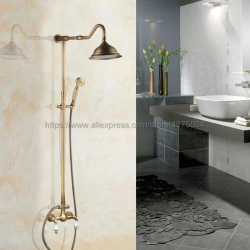 Antique Brass Shower Faucet Set 8.2 Inch Shower Head Hand Shower Sprayer W/ Hand Shower Wall Mounted Mixer Tap Nan501