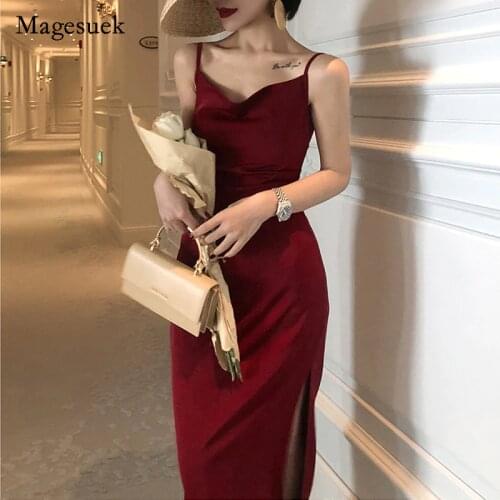 2021 Satin Summer Dress Woman Sleeveless Spaghetti Strap Casual Straight Red Black New Fashion French Party Dresses 13296