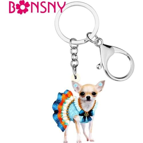 Bonsny Acrylic Colorful Skirt Chihuahua Dog KeyChain Key Rings Fashion Animal Jewelry For Women Girls Teens Charms Gift