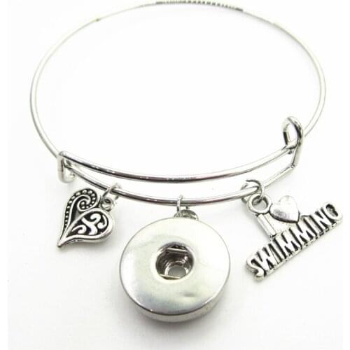 2018 New 10pcs I Love Swimming Snap Button Bracelets Expandable Adjustable Wire Hook Bangles Fit 18mm Jewelry DIY Snap Charms