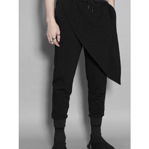 Autumn mens new solid color oblique leaf shape design splicing thin leg pencil pants casual pants mens sports slim pants