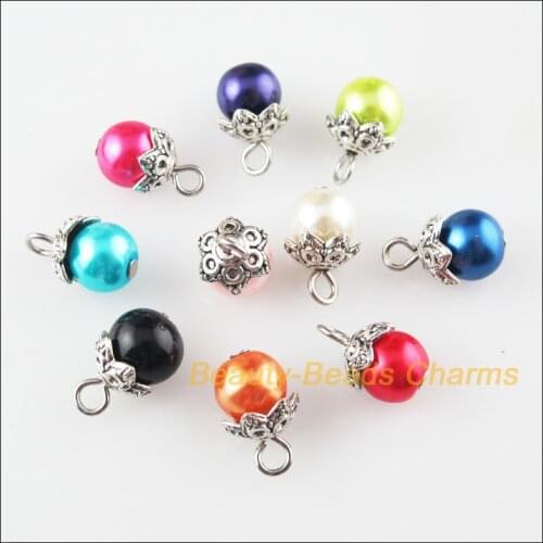 20Pcs Mixed Round Glass Beads & Flower End Caps Charms Pendants 8x14mm