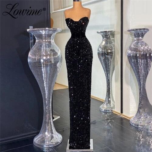 Sequined Black Party Gowns Simple Cheap Evening Dress Formal Arabic Mermaid Celebrity Long Prom Dresses 2021 Custom Made Vestido