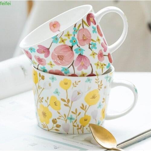 Microwave Coffee Mug Travel Cute Creative Ceramic European Cartoon Flower Pattern Scale Measuring Cup Canecas Gift Ideas E5MKB