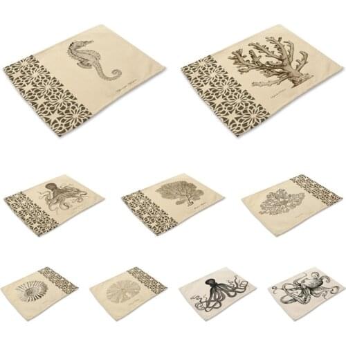 Marine Life Pattern Kitchen Placemat Octopus Fish Dining Table Mat Coaster Cotton Linen Pads Western Mat 42*32cm Home Decor