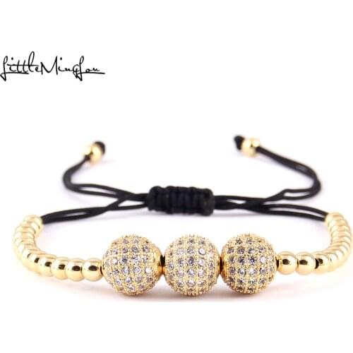 Little MingLou Men Luxury bracelet 5 White CZ Ball Connector & 4mm Round Beads Bracelets & Bangles Braided Macrame women Jewelry