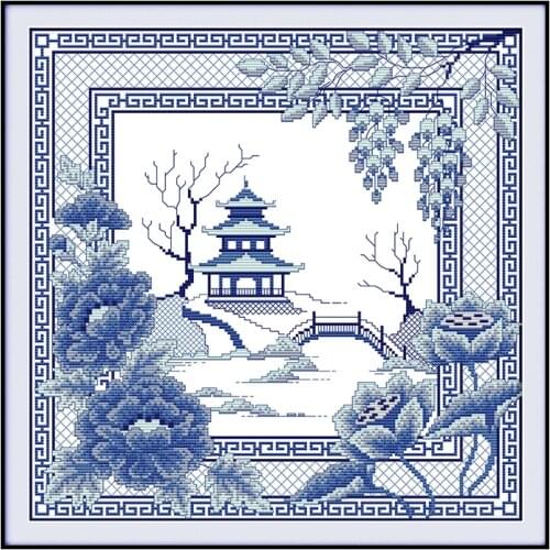 Printed Cross Stitch Kits Counted Cross Stitch Embroidery Needlework Sets Bordado Punto Cruz blue Porcelain view Drawing Stitch