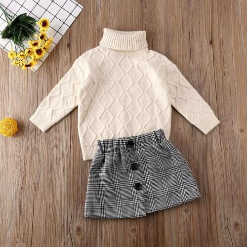 New Brand Autumn Winter Kids Baby Girl Clothes Sets Turtleneck Knit Sweater Tops + Plaid Print Mini Skirt Outfit