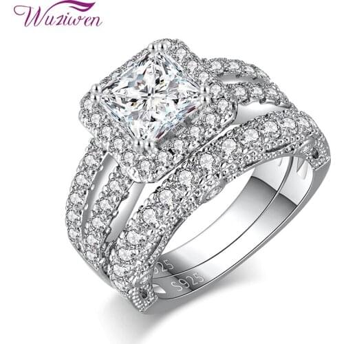 Wuziwen 2 Pcs 925 Sterling Silver Wedding Rings For Women Princess Cut AAA Zircon Engagement Ring Bridal Set Classic Jewelry