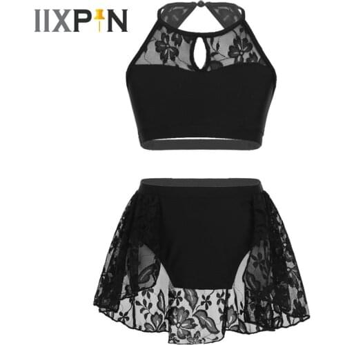 IIXPIN Kids Girls Dance Dress Sleeveless Keyhole Halter Lace Splice Crop Top with Bottoms Set Lyrical Modern Contemporary Dance