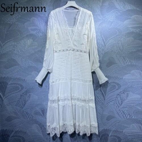 Seifrmann New 2021 Summer Women Fashion Designer Party Midi Dress Lantern Sleeve Gorgeous Lace High Waist Solid Print Dresses