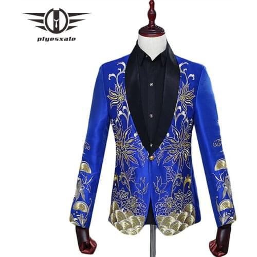 Plyesxale Floral Embroidery Blazer Men Chinese Style Shawl Collar Wedding Blazers Red White Royal Blue Mens Stage Wear Q290