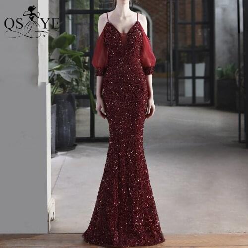 Puffy Sleeves Burgundy Evening Dresses Mermaid Sequin Prom Gown Shoulder Straps Party Dress V Neck Formal Gown Women VestidoGown
