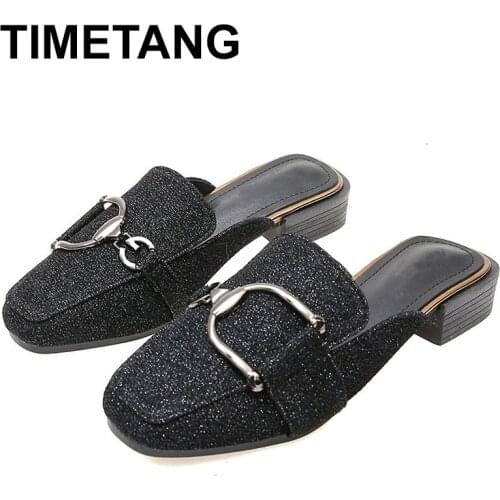TIMETANG Square Toes Sequined Slippers Woman Slip-on Square Toe Shoes Female Spring Autumn Women Outdoor ShoeE960