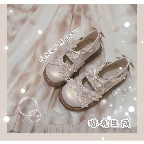 Kawaii girl sweet lolita shoes pearl lace bowknot princess kawaii shoes round head flat heel women shoes loli cosplay cos Lolita