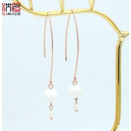 SJMADE Vintage Long Natural White Shell Round Beads Dangle Earrings For Women Girl Wedding Jewelry 585 Rose Gold Fine Eardrop