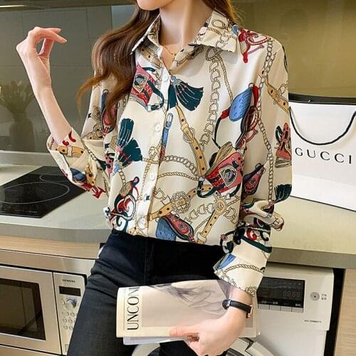 Vogue chain print ladies shirts Womens Blouses New Spring Autumn Long Sleeve Shirts Tops Blusas Mujer