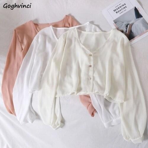 Jackets Women Summer Sun-proof Loose Solid Cropped Ladies Clothes V-Neck Single Breasted Long Sleeve Trendy Streetwear Soft Ins