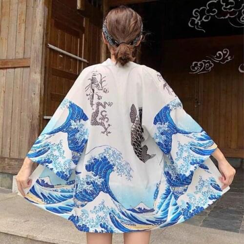 Geskeey Japanese Style Wave Comic Print Cardigan Kimono Harajuku Anime Girl Cosplay Yukata Female Sexy Home Traditional Haori