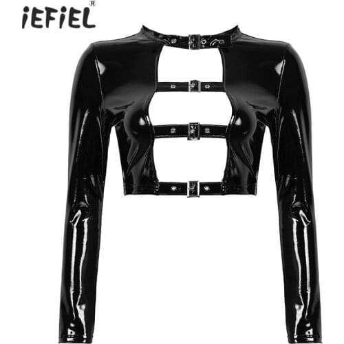 Womens Wet Look Patent Leather Long Sleeves Tanks Hollow Out Front with Buckles Gothic Punk Style Crop Top for Party Clubwear