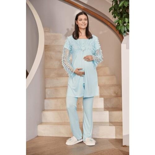 Womens Pregnant Postpartum Pajamas Set Leaf Tulle Dressing Gown Cotton 3 Piece Set