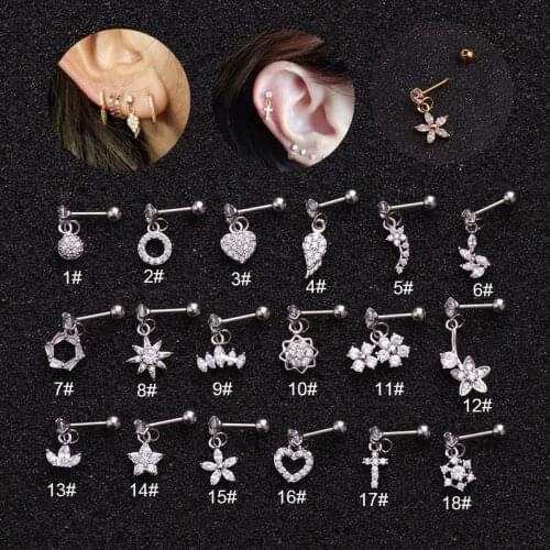Gold Silver Color Heart Hexagon Crystal Tragus Ear Piercing Plug Stainless Steel Daith Earrings For Woman Helix Cartilage Studs