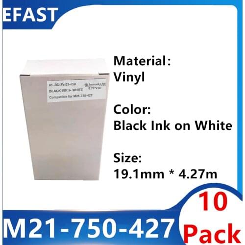 10 Pack bmp21 M21 750 427 Vinyl maker Label Ribbon Black On White BMP21 PLUS Printer Black On White M21-750-427 19.1mm * 4.27m