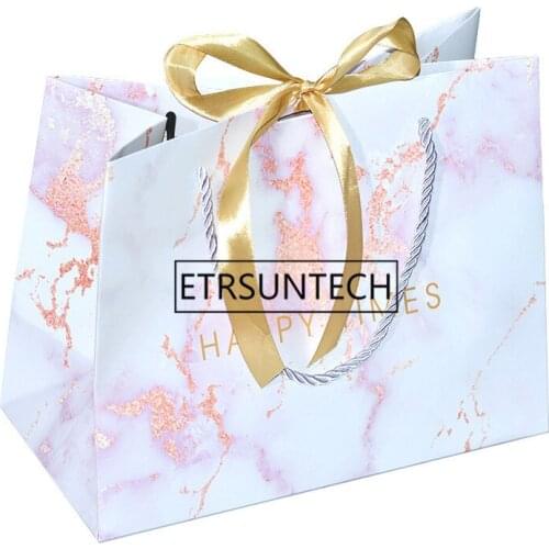 100pcs/lot Marble Upscale paper gift bags with handles bowtie favors bag handbags for wedding party decoration Candy Cookies Box