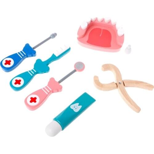6Pcs Baby Toys Doctor Set Play Wooden Dental Tools Simulation Medicine Box