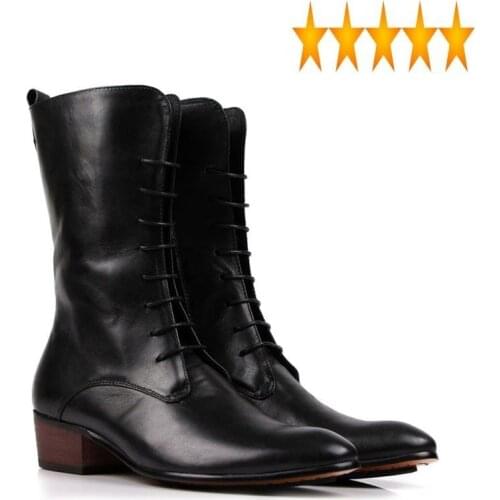 Toe Pointed Men Lace Retro Up Riding Boots Top Brand Genuine Leather Punk Mid-Calf Italian Block Heel Shoes Male Footwear