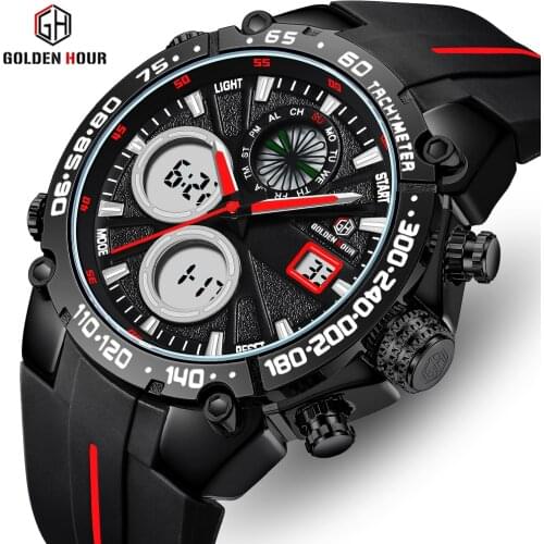 2020 New GOLDENHOUR Men Watch Top Brand Fashion Dual Display Wristwatches Chronograph Waterproof Male Clock Relogio Masculino