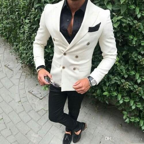 Double Breasted Ivory Men Suits for Wedding Suits Slim Fit Groom Tuxedos Prom Party Costume Homme 2 Piece Blazers Pants