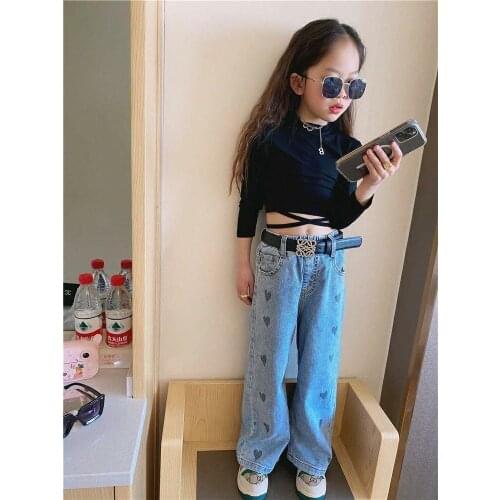 2021 spring and autumn girls net red same paragraph love pattern high waist drape loose straight hundred tower jeans childrens