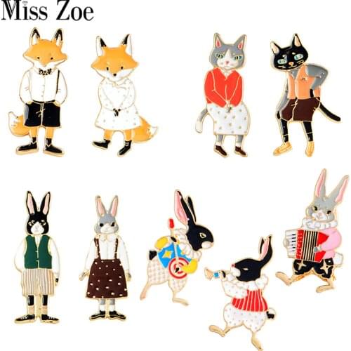 Mr and Miss Cat Rabbit Fox Enamel Pins Animal Brooches Buckle Instrument Player Bunny Badges Lovers Jewelry Gift for couples
